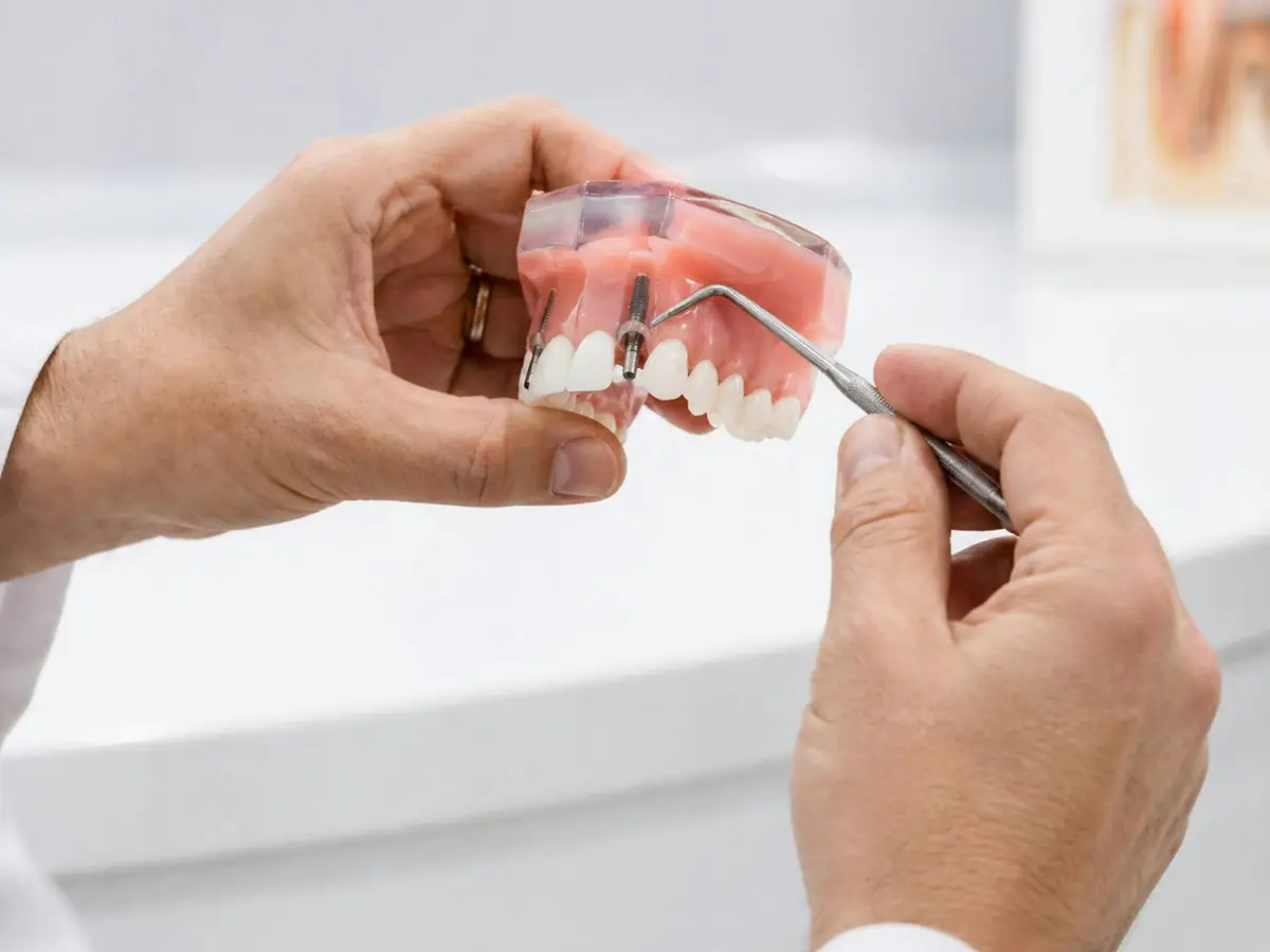 A dentist pointing to a tooth on a dental model
